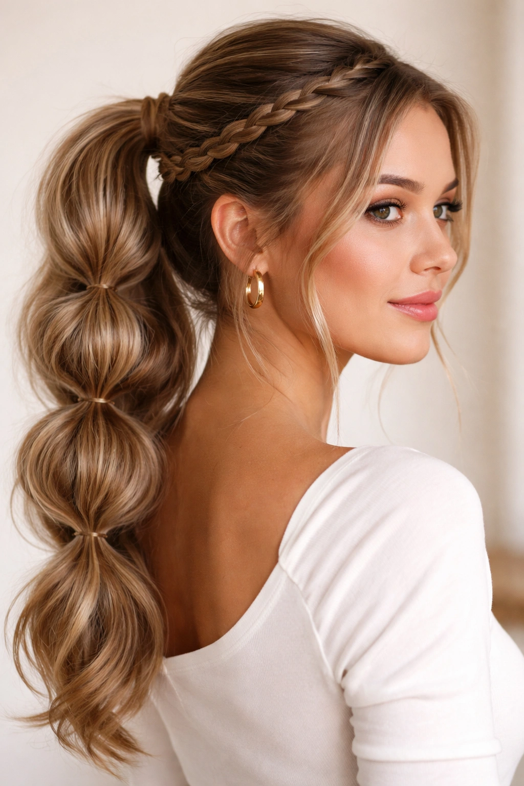 Bubble Braid Ponytail with Side Braid showing loose bubble sections
