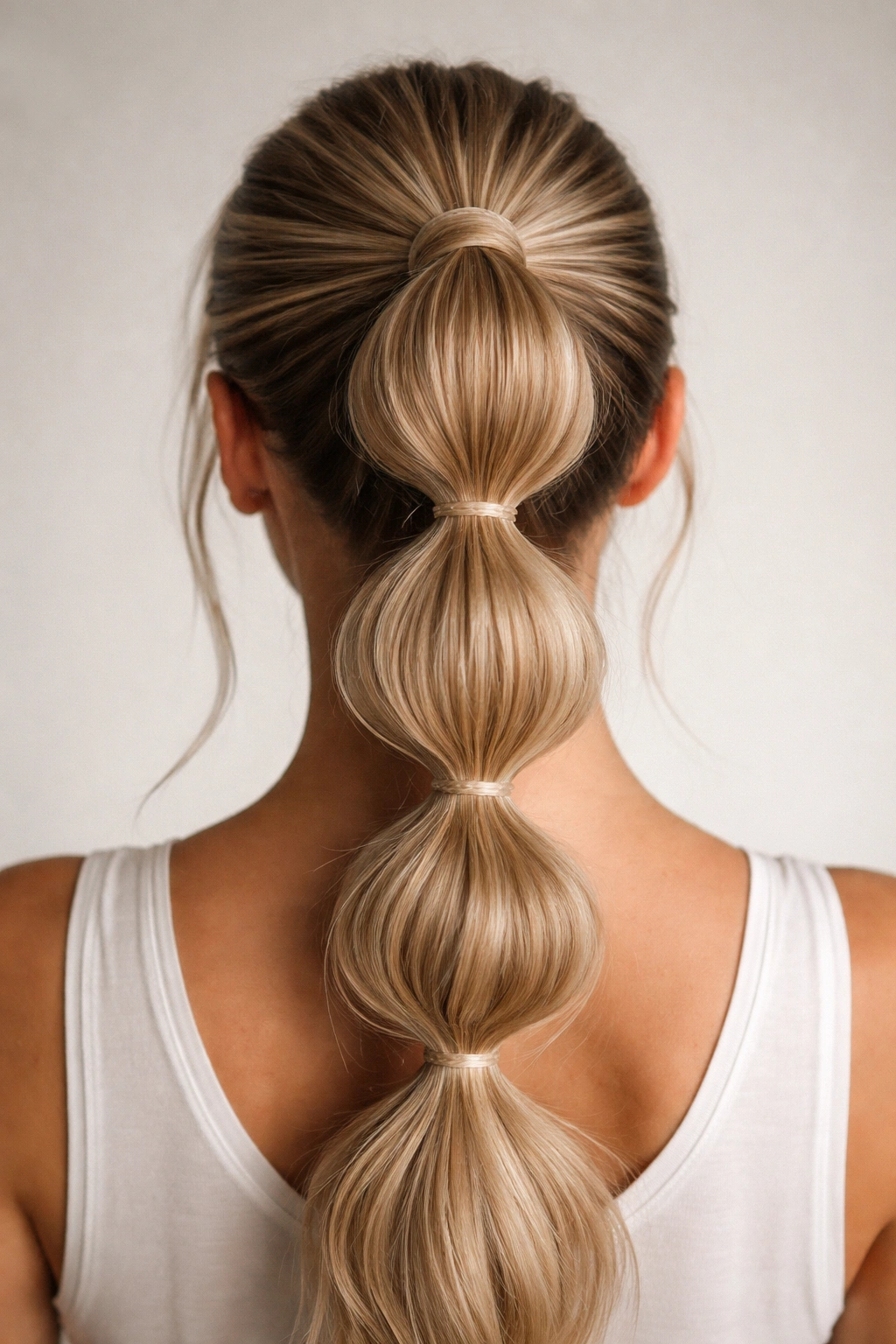 Back view of a high ponytail with bubble segments along the length