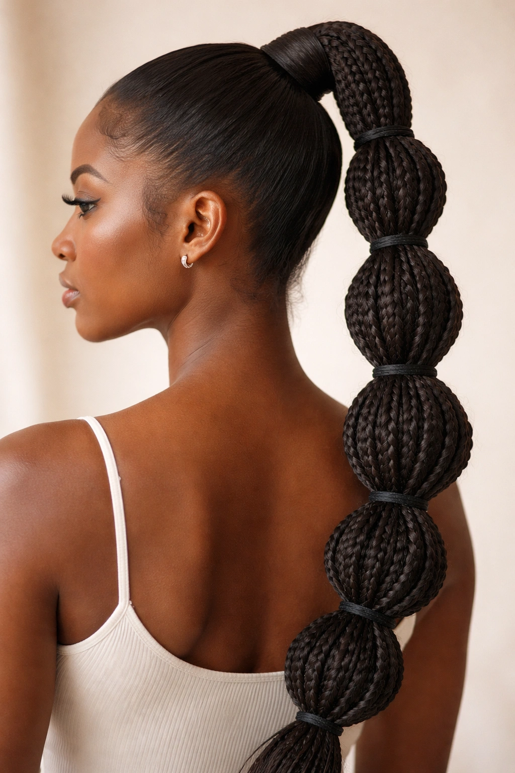 Close-up of a bubble braid ponytail with elastic bubbles along the length