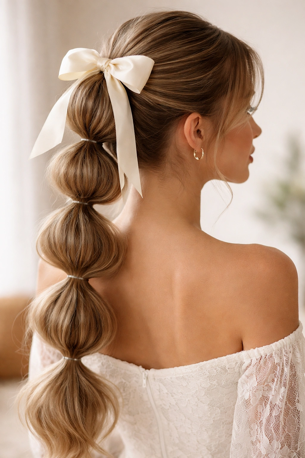 Bubble Braid Ponytail With Ribbon Bow showing segmented bubbles and ribbon bow