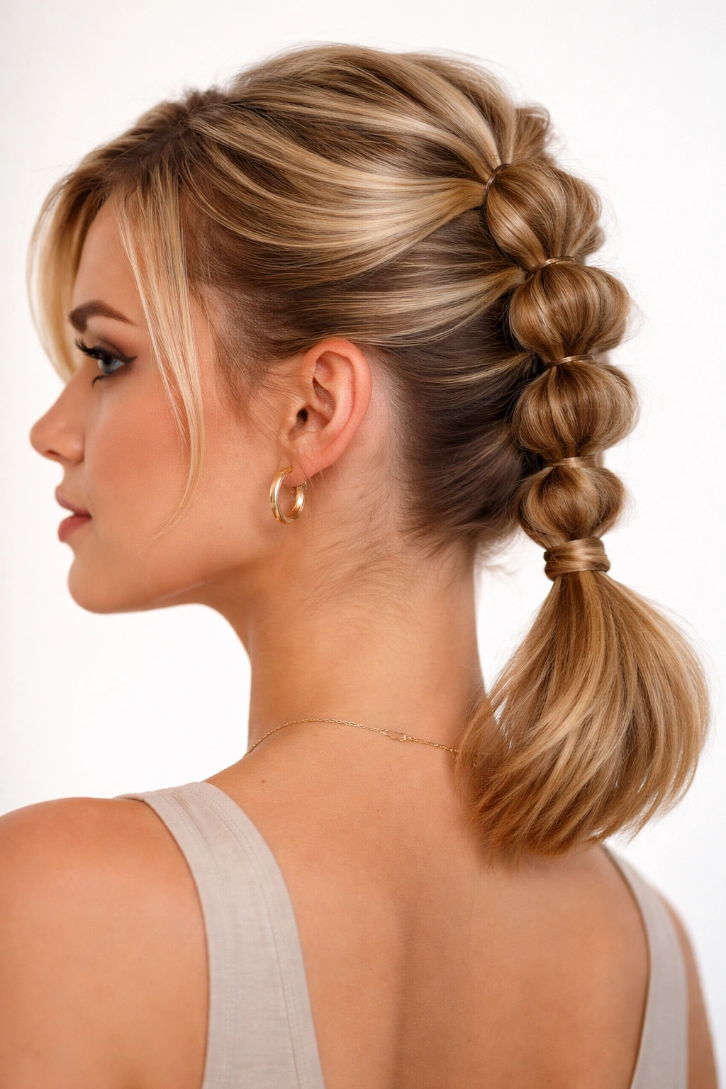 Bubble braid ponytail on short hair showing stacked bubble sections
