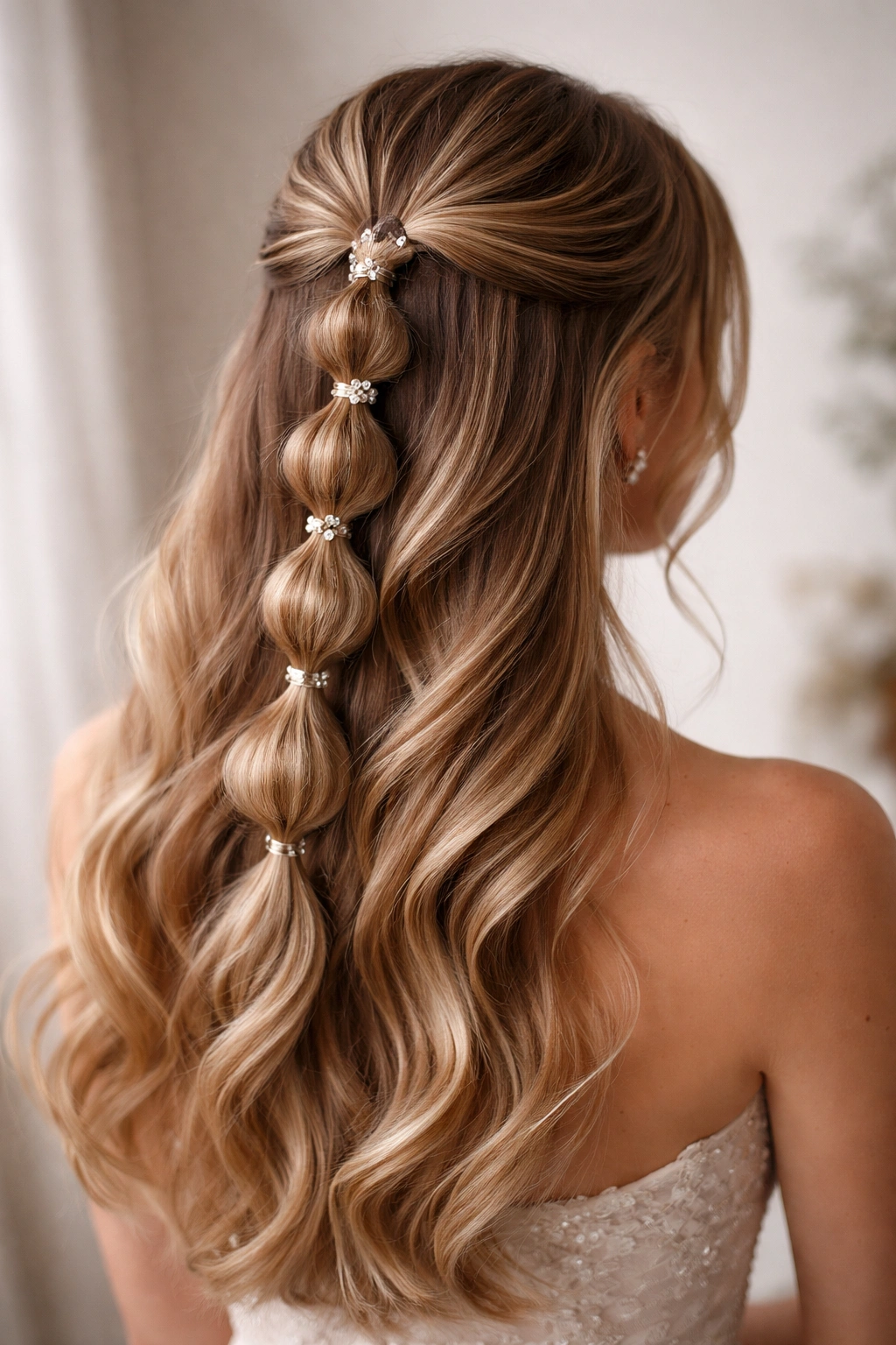 Close-up of a bubble braid half-up half-down hairstyle for prom, highlighting bubble sections and glossy finish