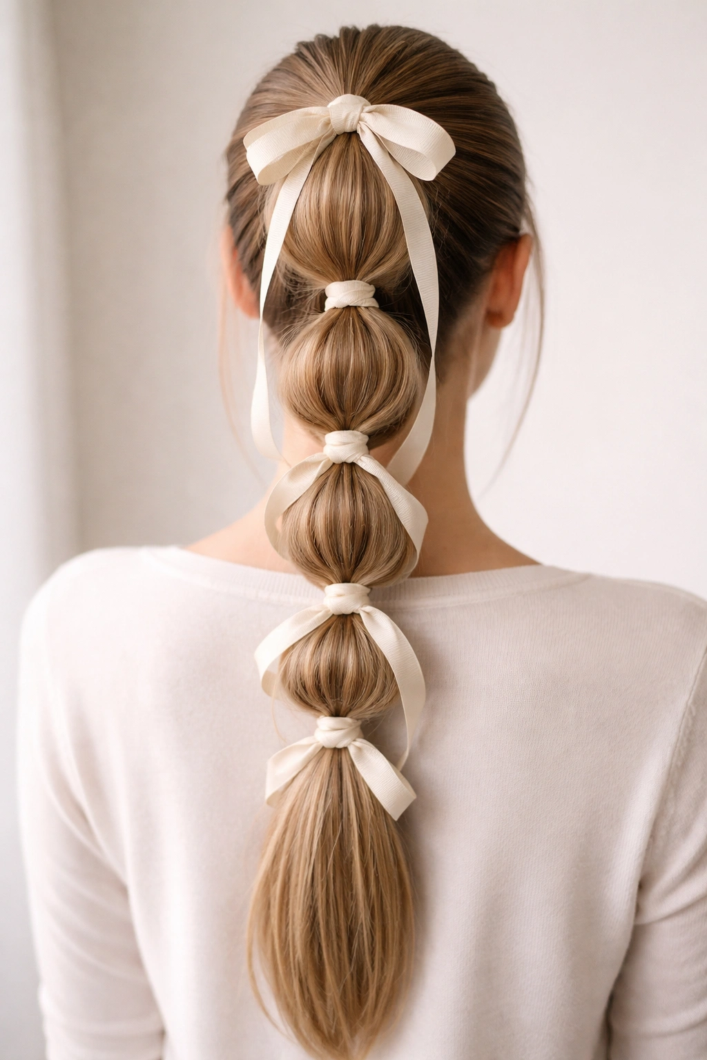 Close-up of centered high bubble braid with grosgrain ribbon threaded through the bubbles on straight hair