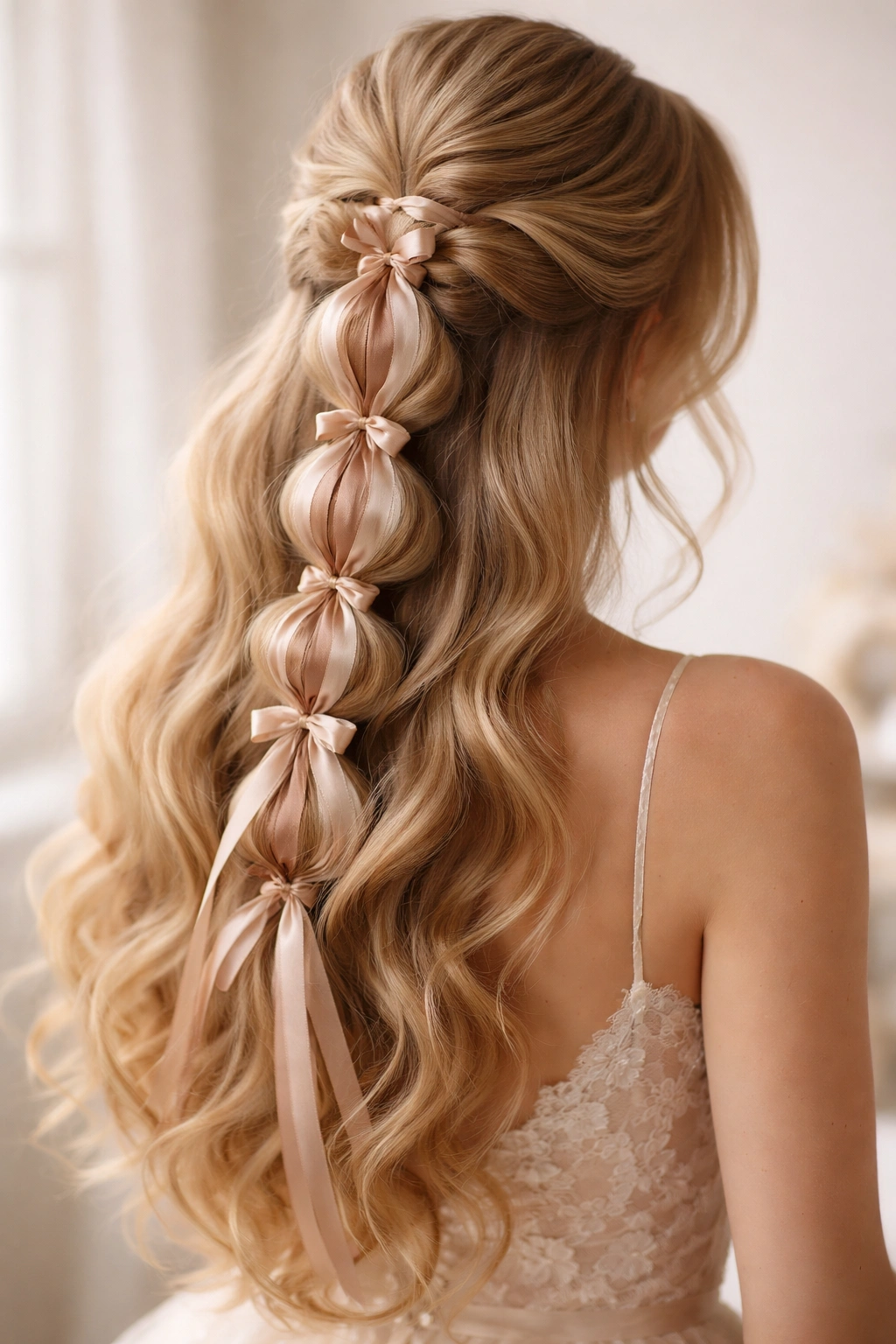 Close-up of Braided Bubble Braid with Ribbons on a bridal hairstyle with silk ribbons threaded through each bubble