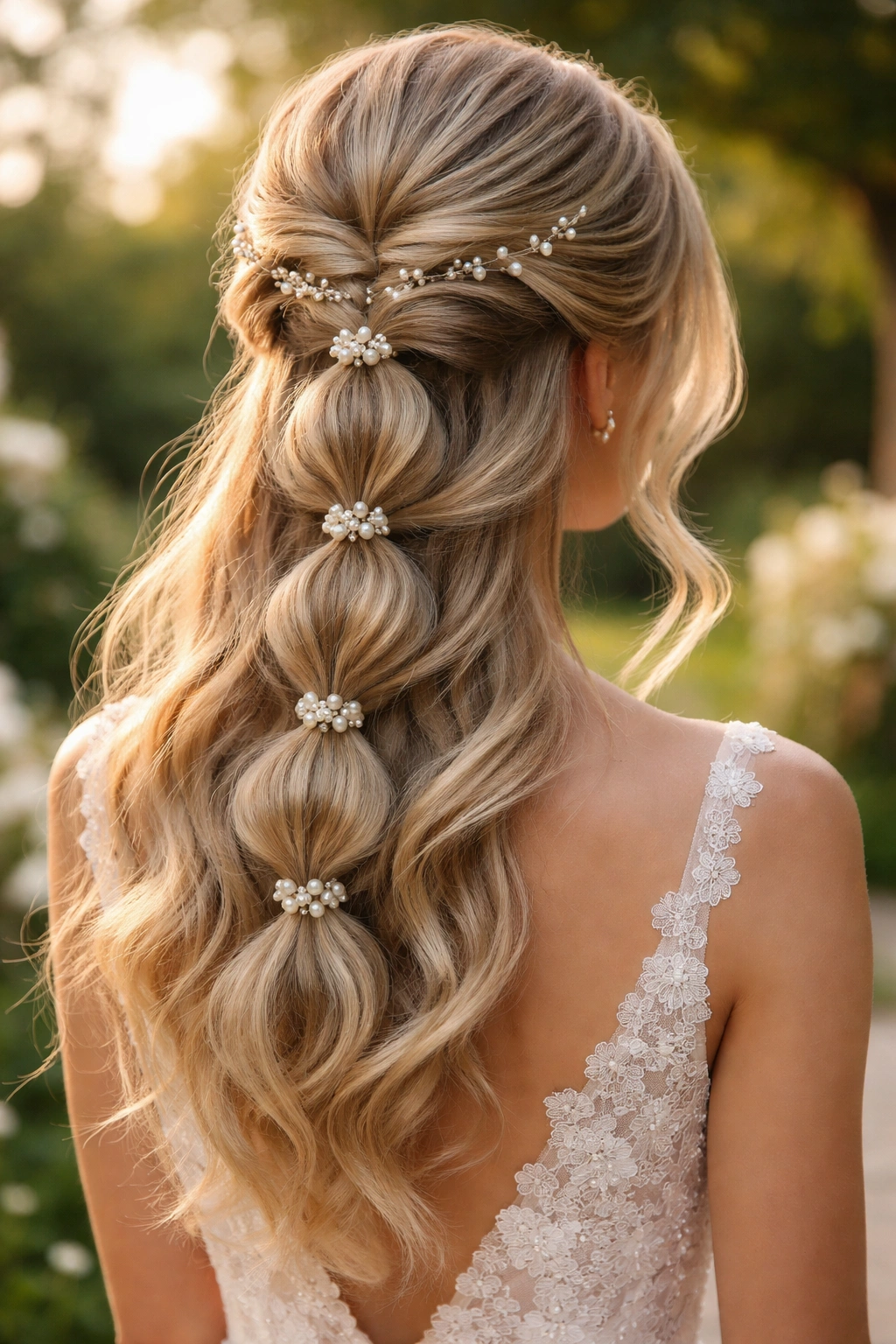 Bridal twisted bubble braid with pearl accents and delicate pins