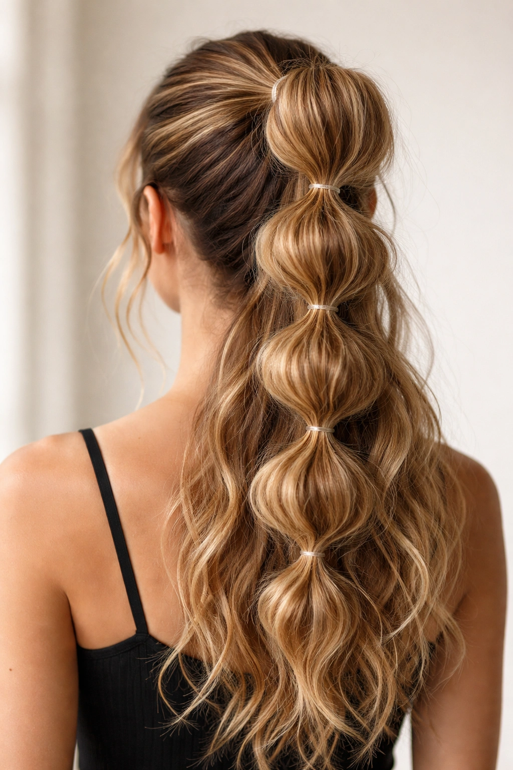 Back view of a high ponytail with a bubble braid along its length on wavy hair