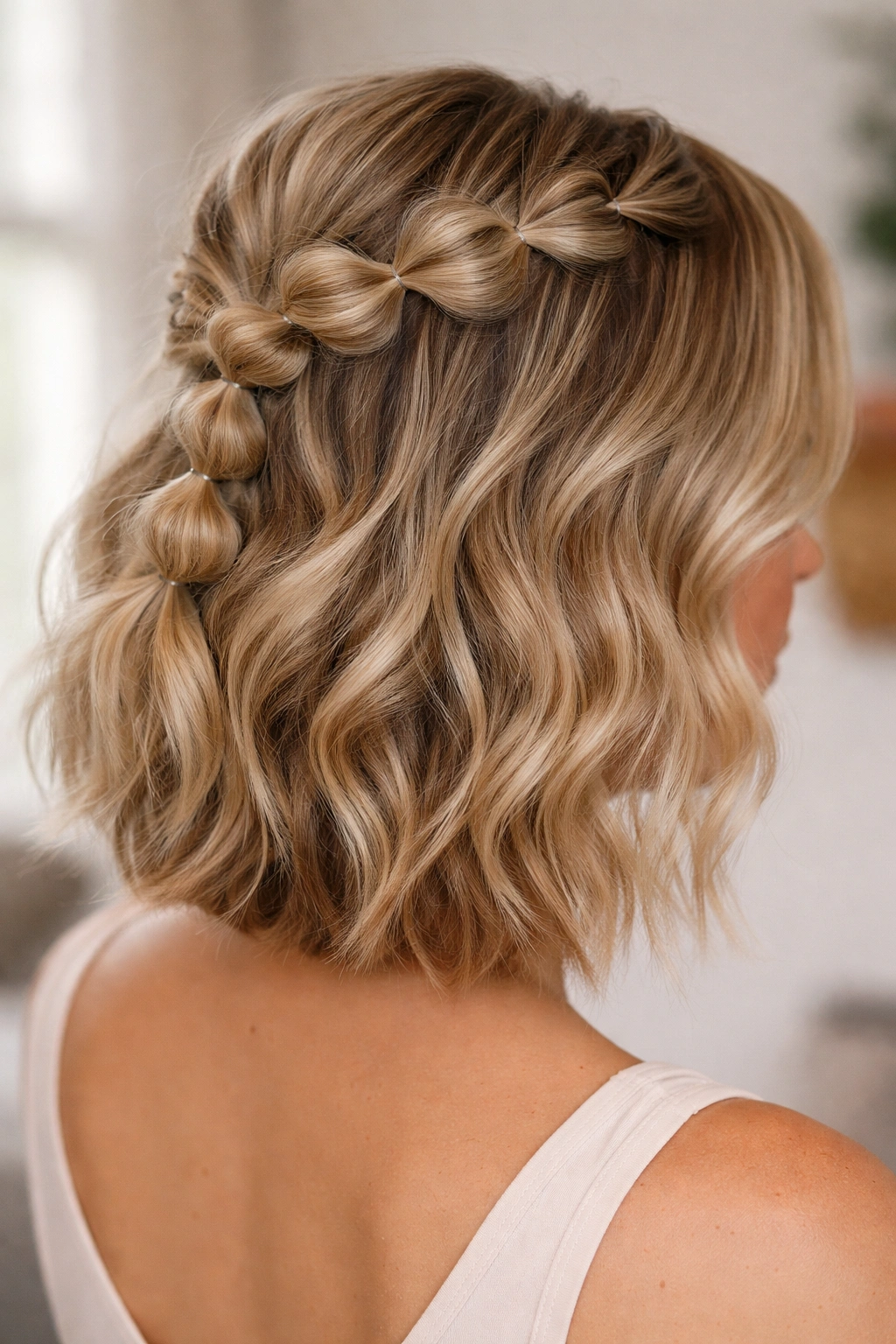 Bubble braid on top of loose waves across head for textured look