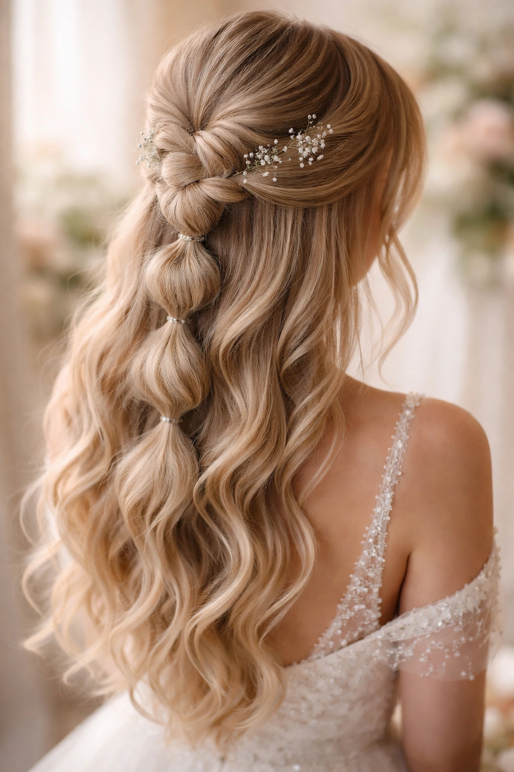 Soft romantic bubble braid with loose, flowing waves