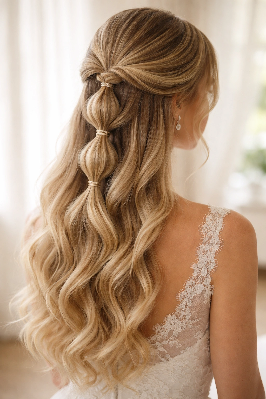 Close-up of a bridal hairstyle with three stacked bubble sections and loose waves