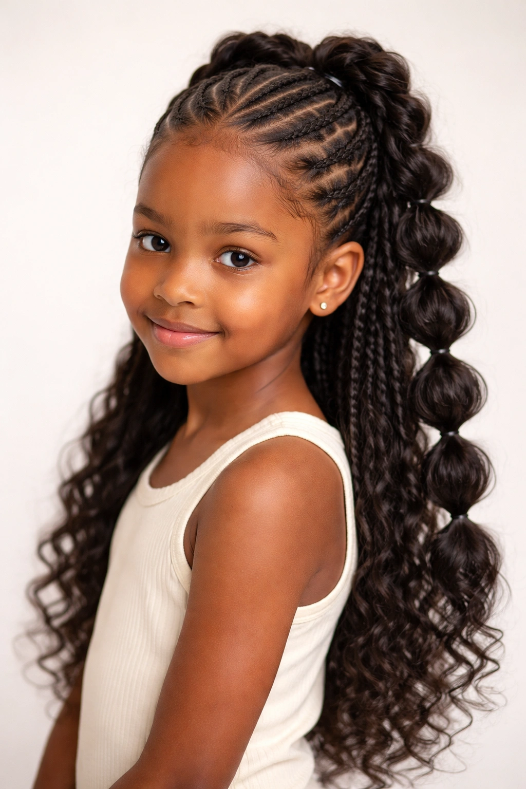Child with bubble braids forming puffed sections under a half-up style