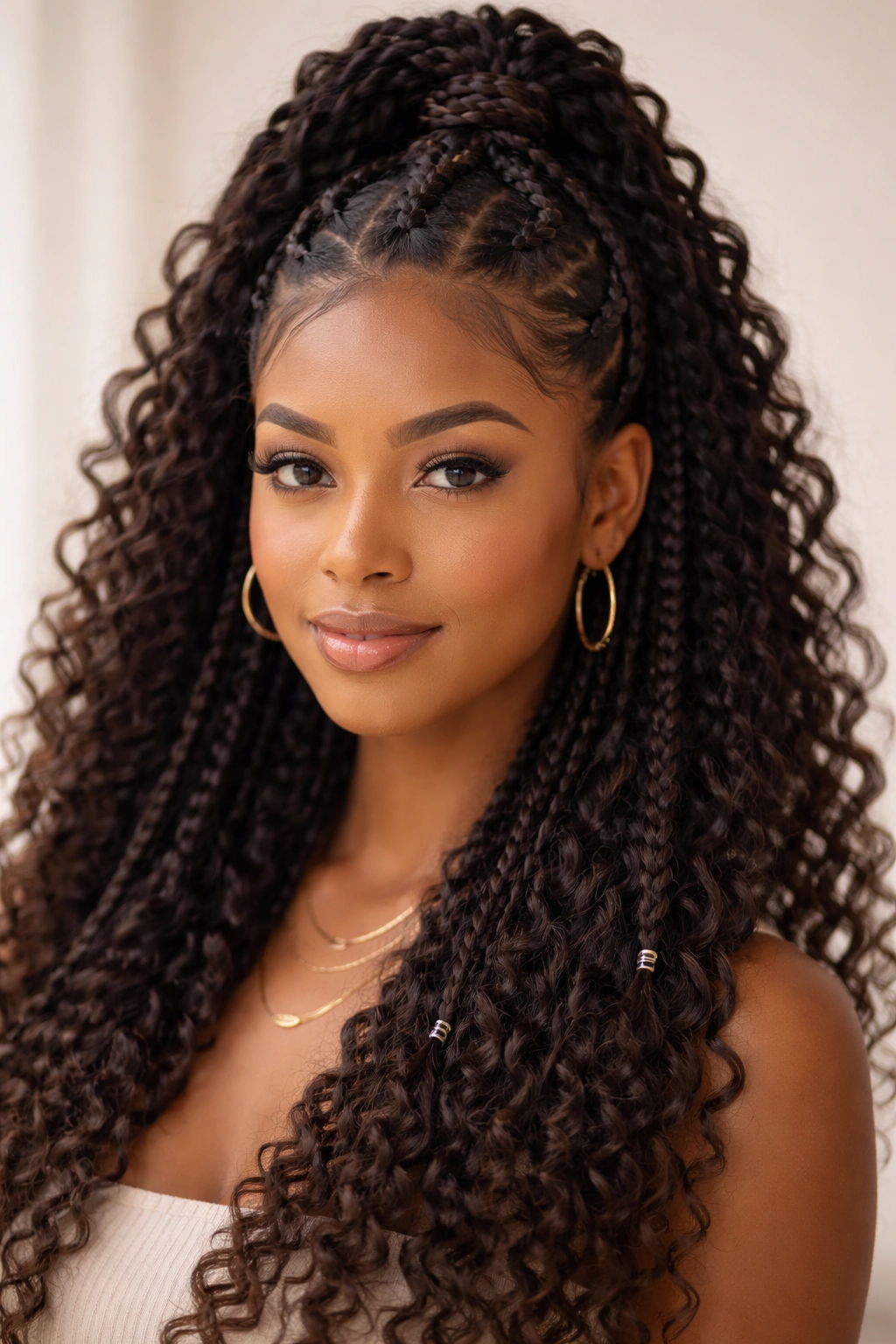 Close-up of bubble braids forming puffed sections along the lifted portion of a half-up hairstyle