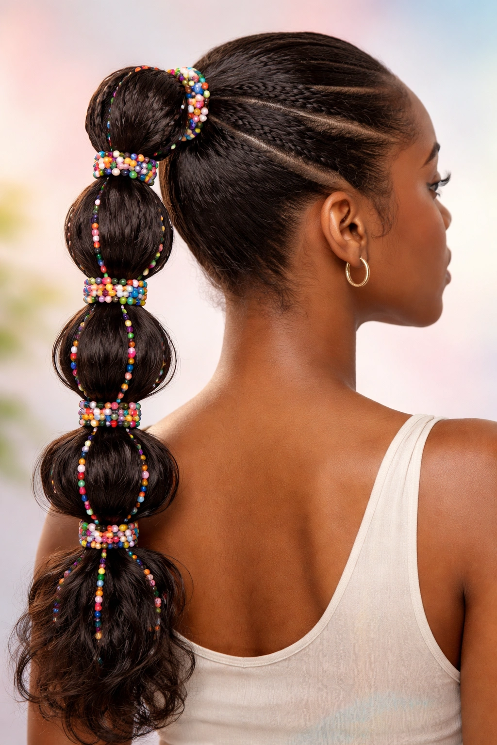Bubble braids into a ponytail with colorful seed beads