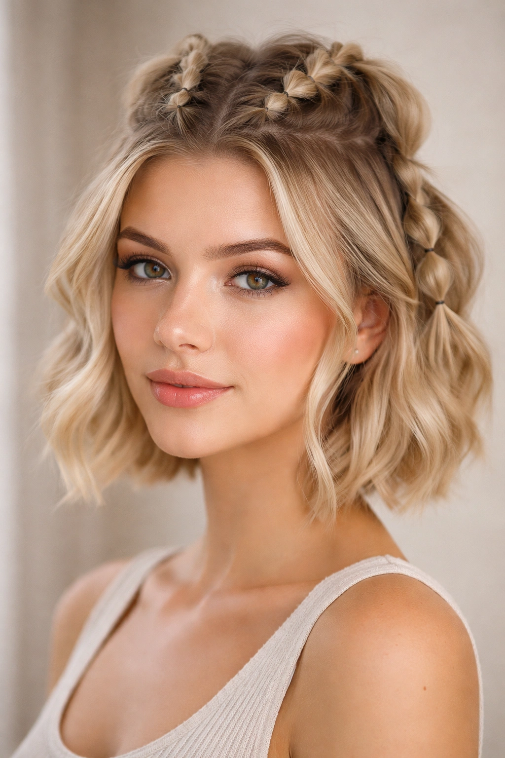 Close-up of bubble braids on short hair in a half-up half-down style with textured sections