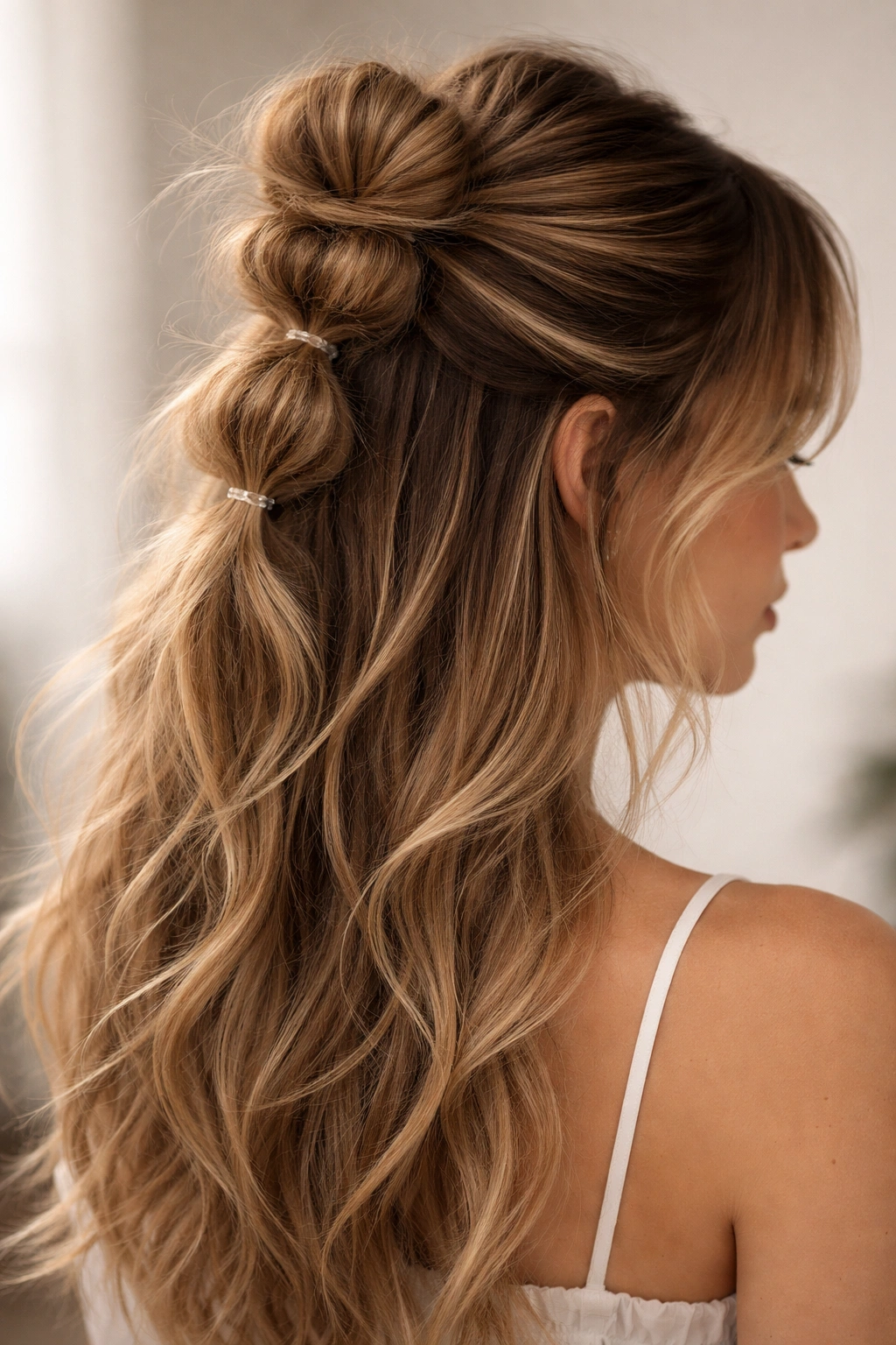 Top-half hair styled into multiple bubble clusters secured with elastics.