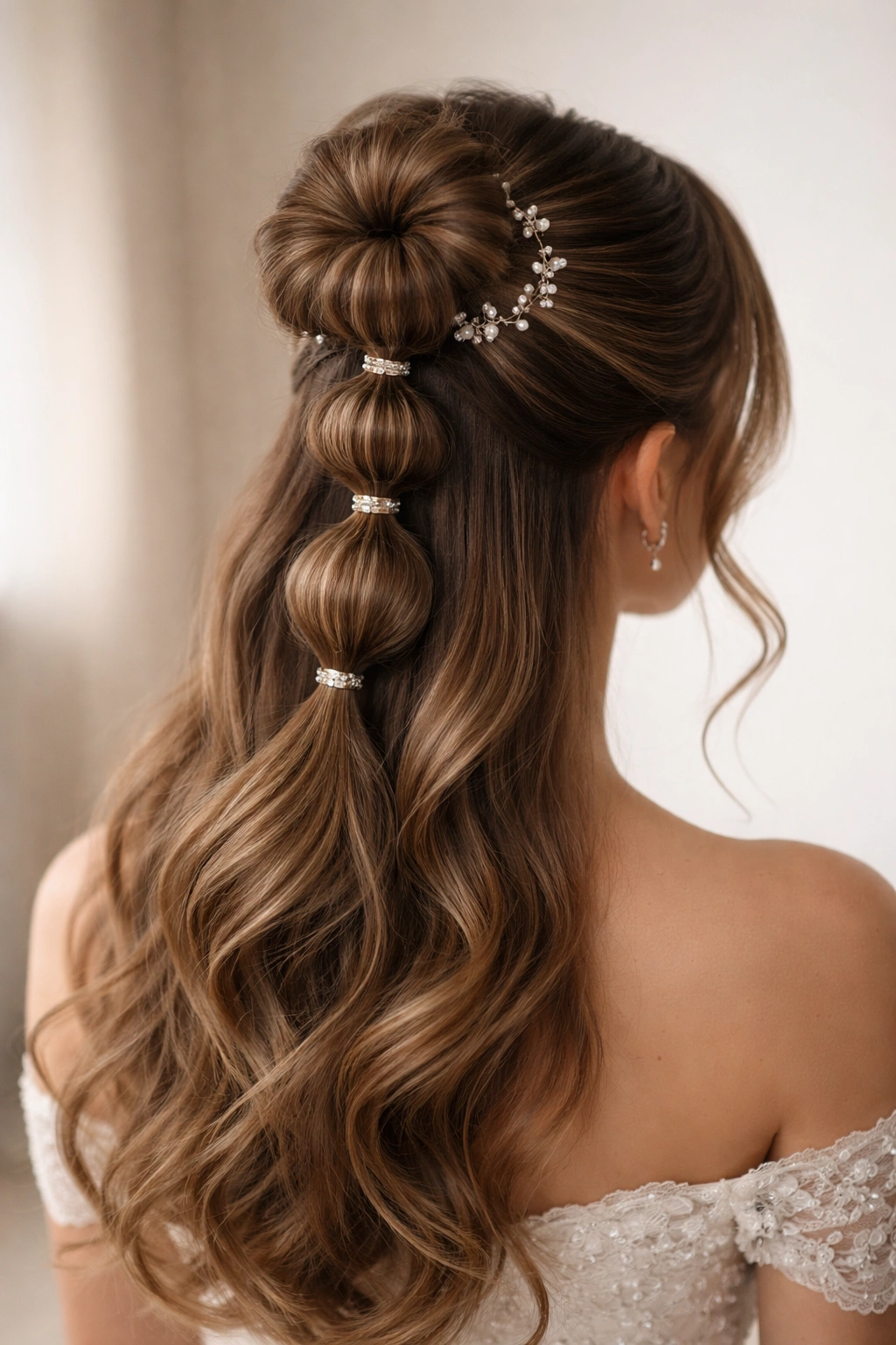 Close-up of The Half-Up with Bubble Bun Accent hairstyle with bubble ponytail segments