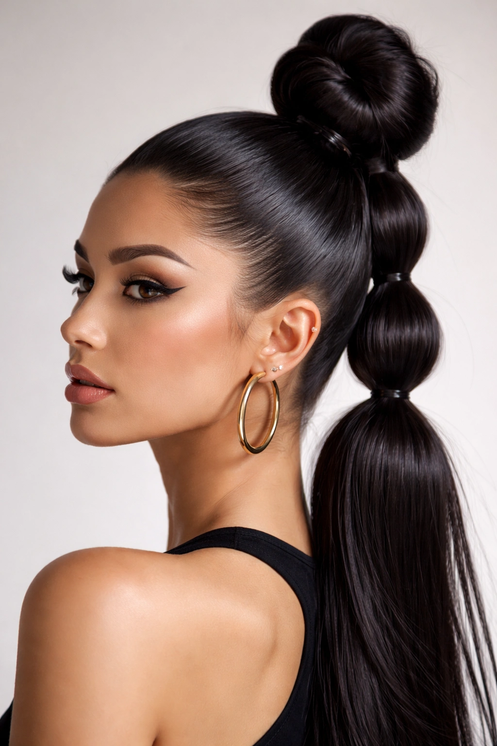 Sleek slicked-back high bun with bubble sections showing glossy, precise styling.