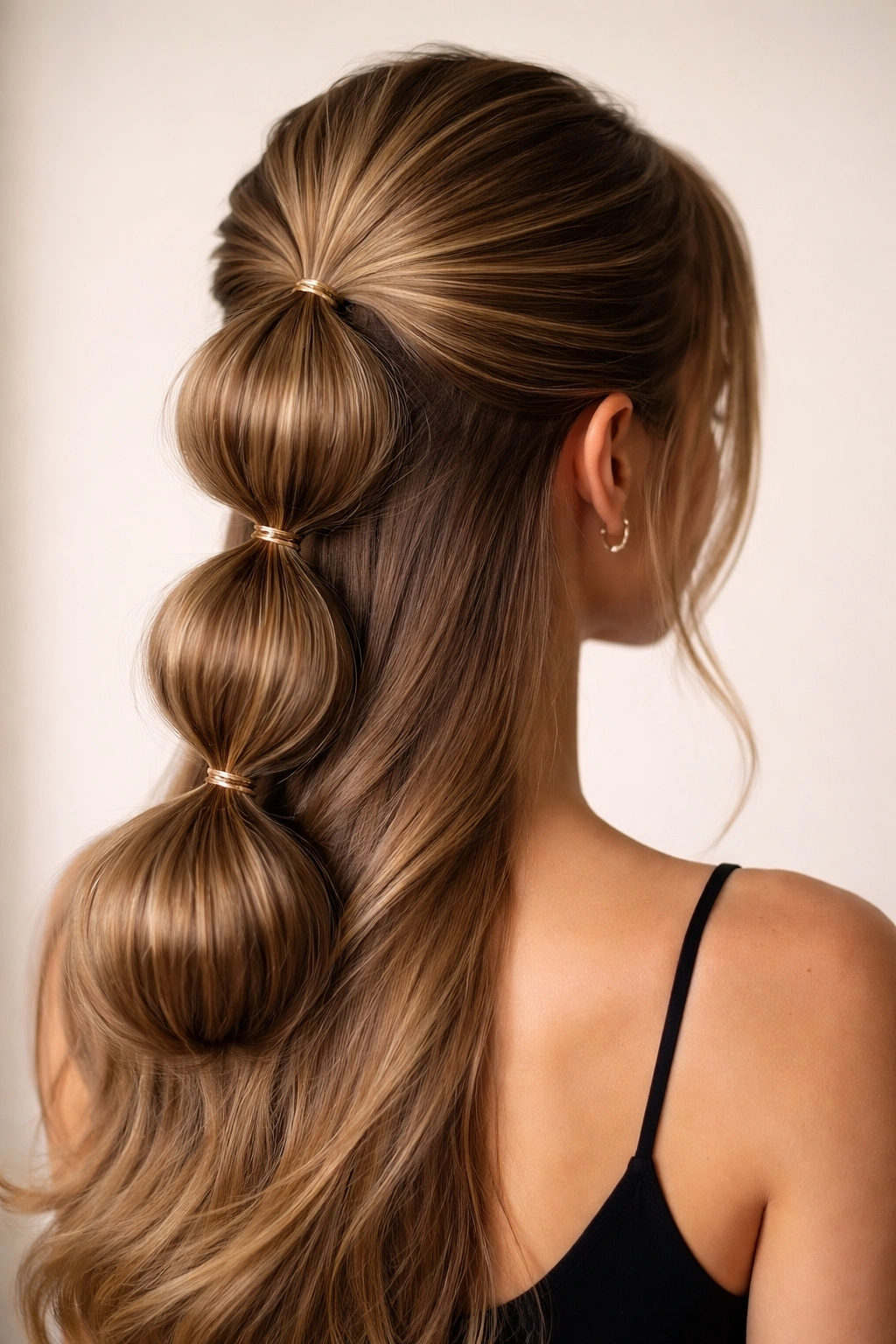 Sleek bubble bun with stacked hair bubbles along the crown