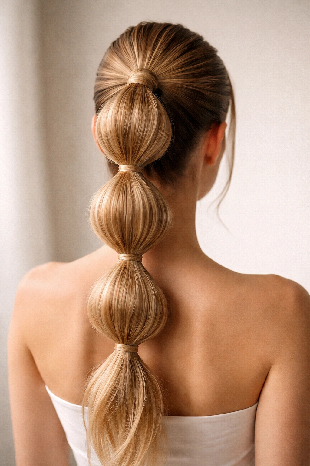 Back view of a high bubble bun with stacked hair bubbles along the crown