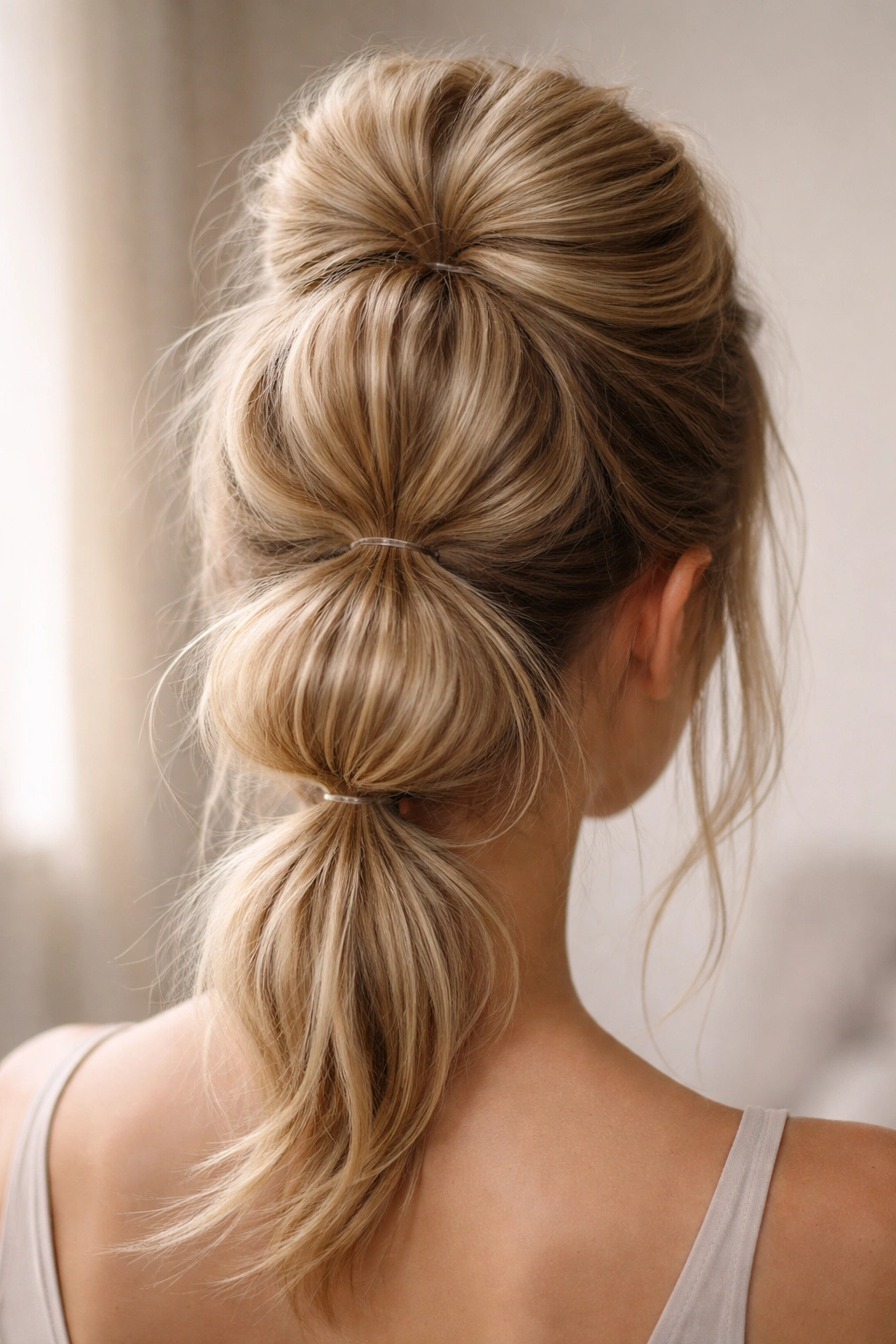 Back view of four stacked teased ponytails forming a bubble bun
