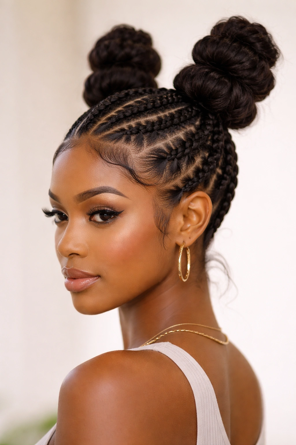 Profile view of twisted feed-in cornrows ending in stacked bubble buns