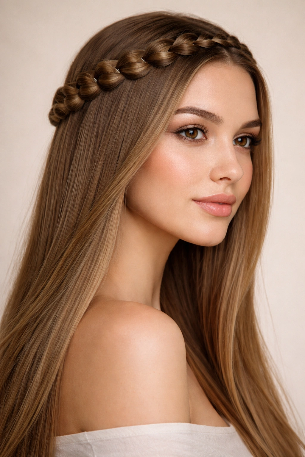 Close-up of a crown-style bubble braid circling a straight hair head