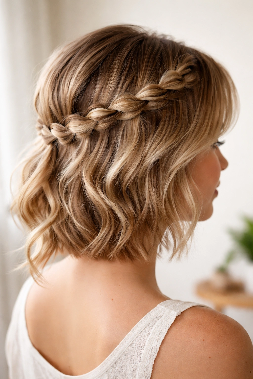 Bubble braid crown around head with floating end at temple on short hair