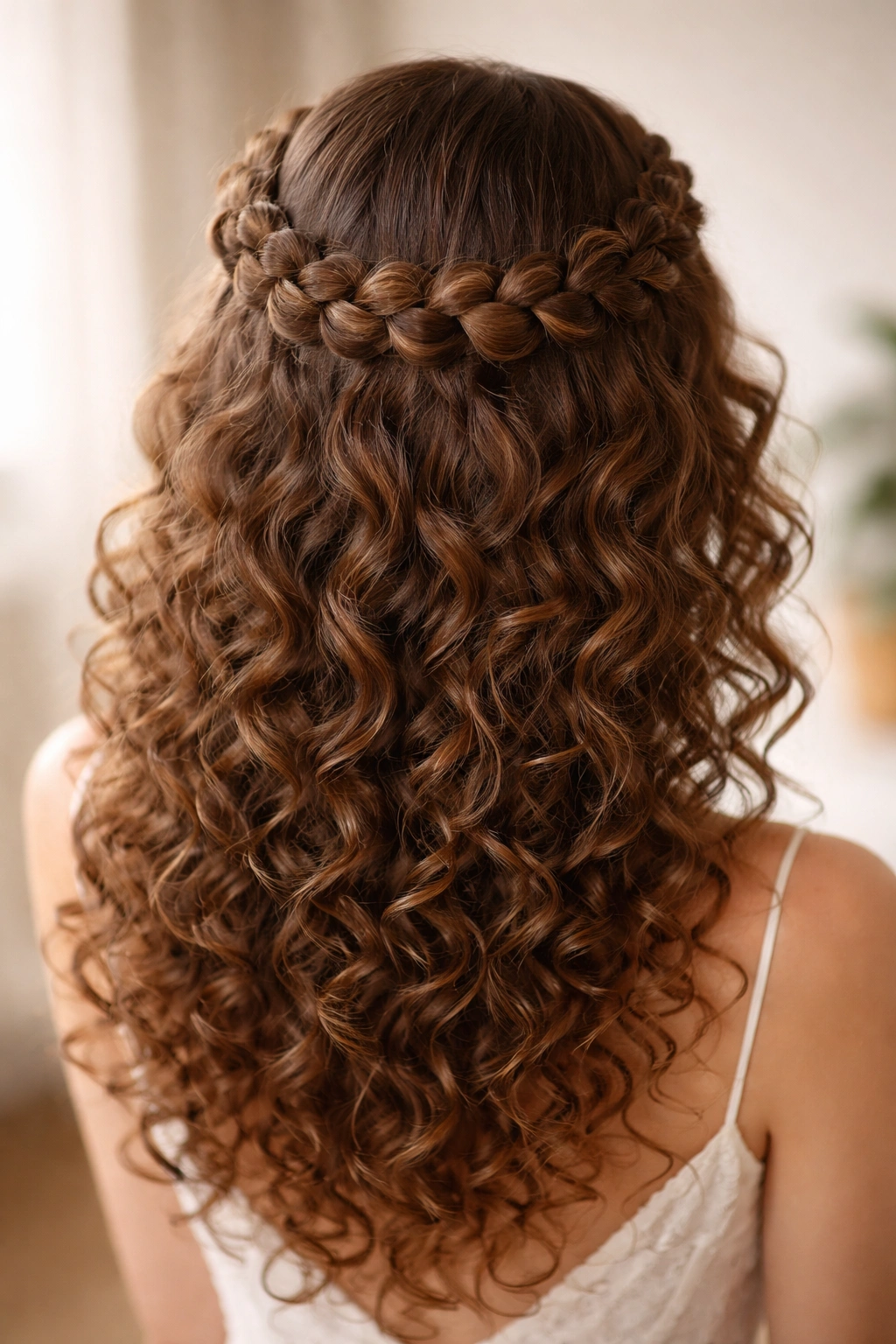 Bubble braid crown around head highlighting curl texture
