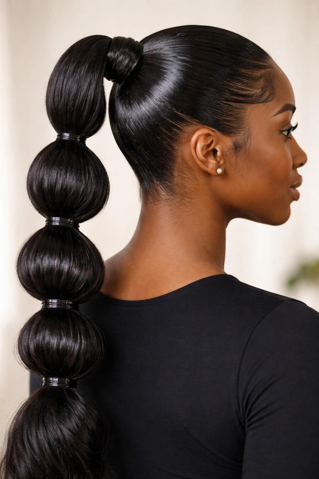 Close-up of bubble gel ponytail with stacked elastic bubbles
