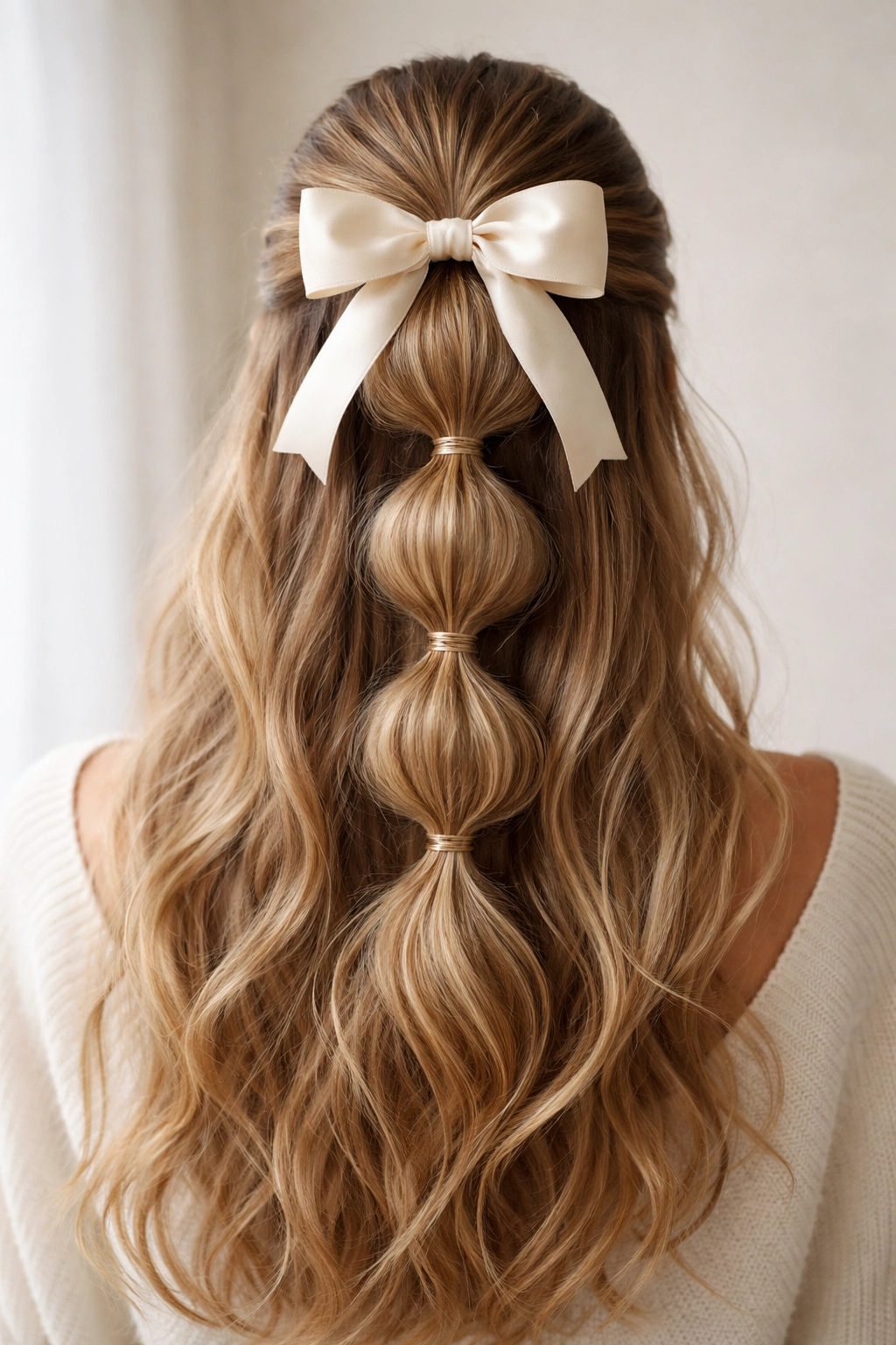 Back view of voluminous bubble half-up with crown bow