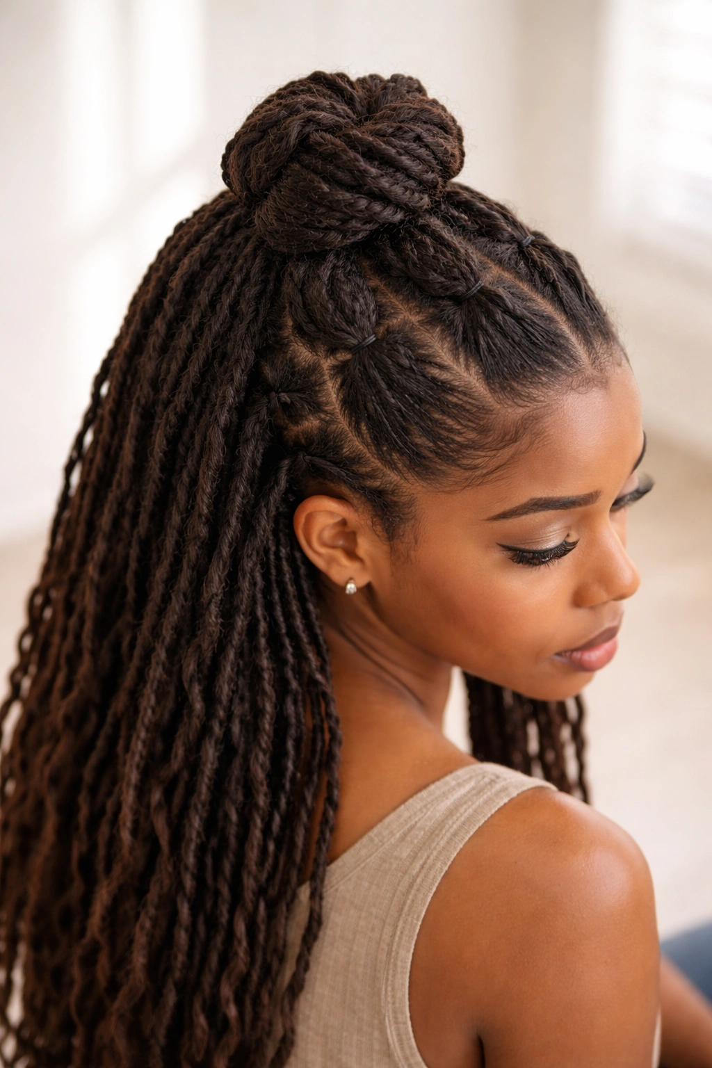 Close-up of The Bubble Half-Up Bun showing multiple elastics and bubble segments