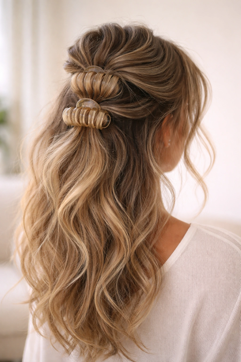 Close-up of The Messy Bubble Half-Up hairstyle with teased crown bubbles above a claw clip.
