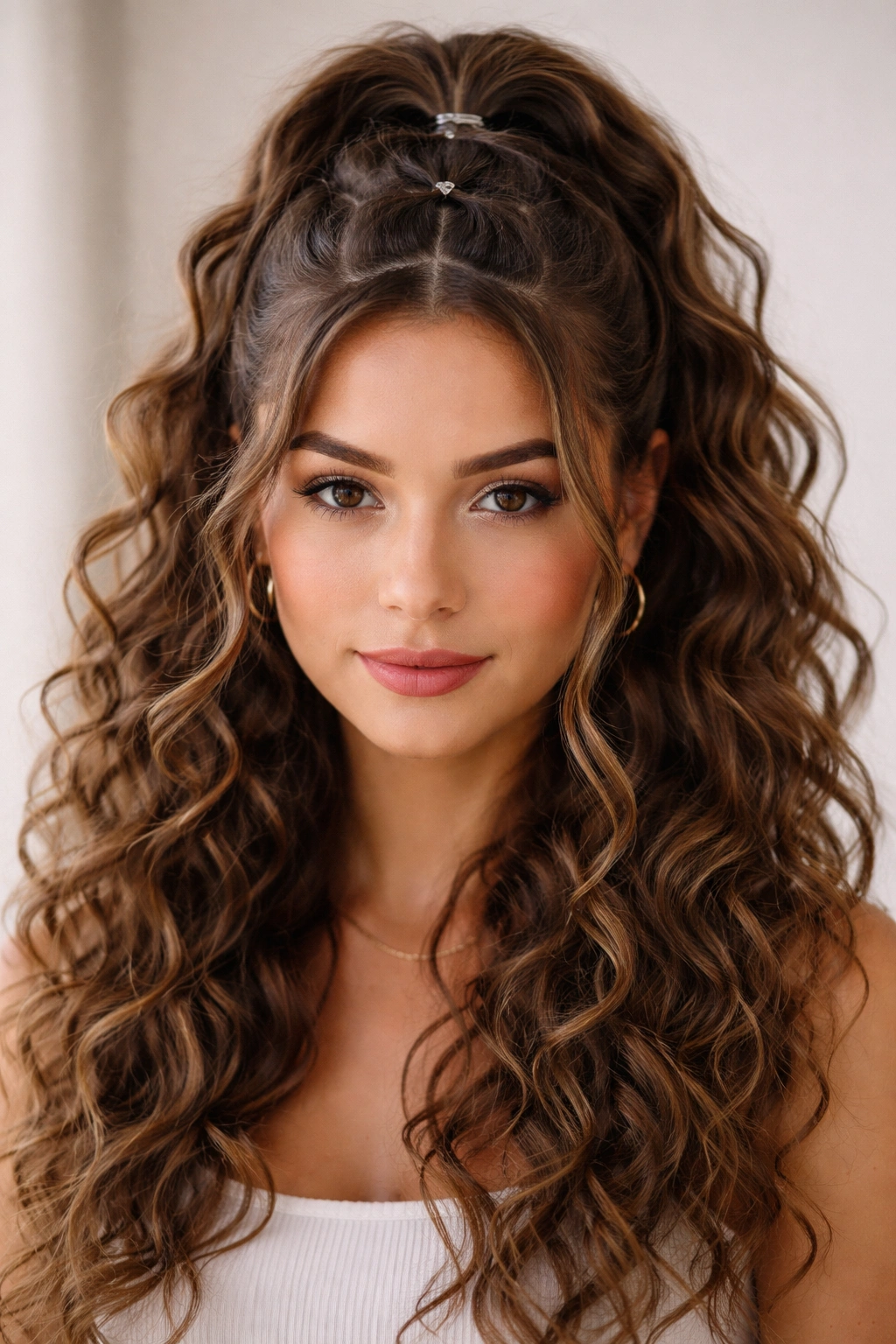 Close-up of a wavy half-up hairstyle with bubble elastics along the crown