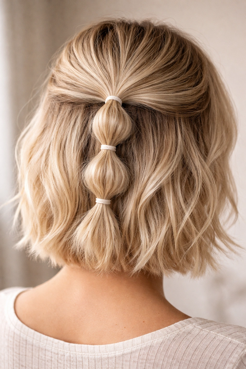 Close-up of short blonde hair with bubble-like elastic sections along the crown
