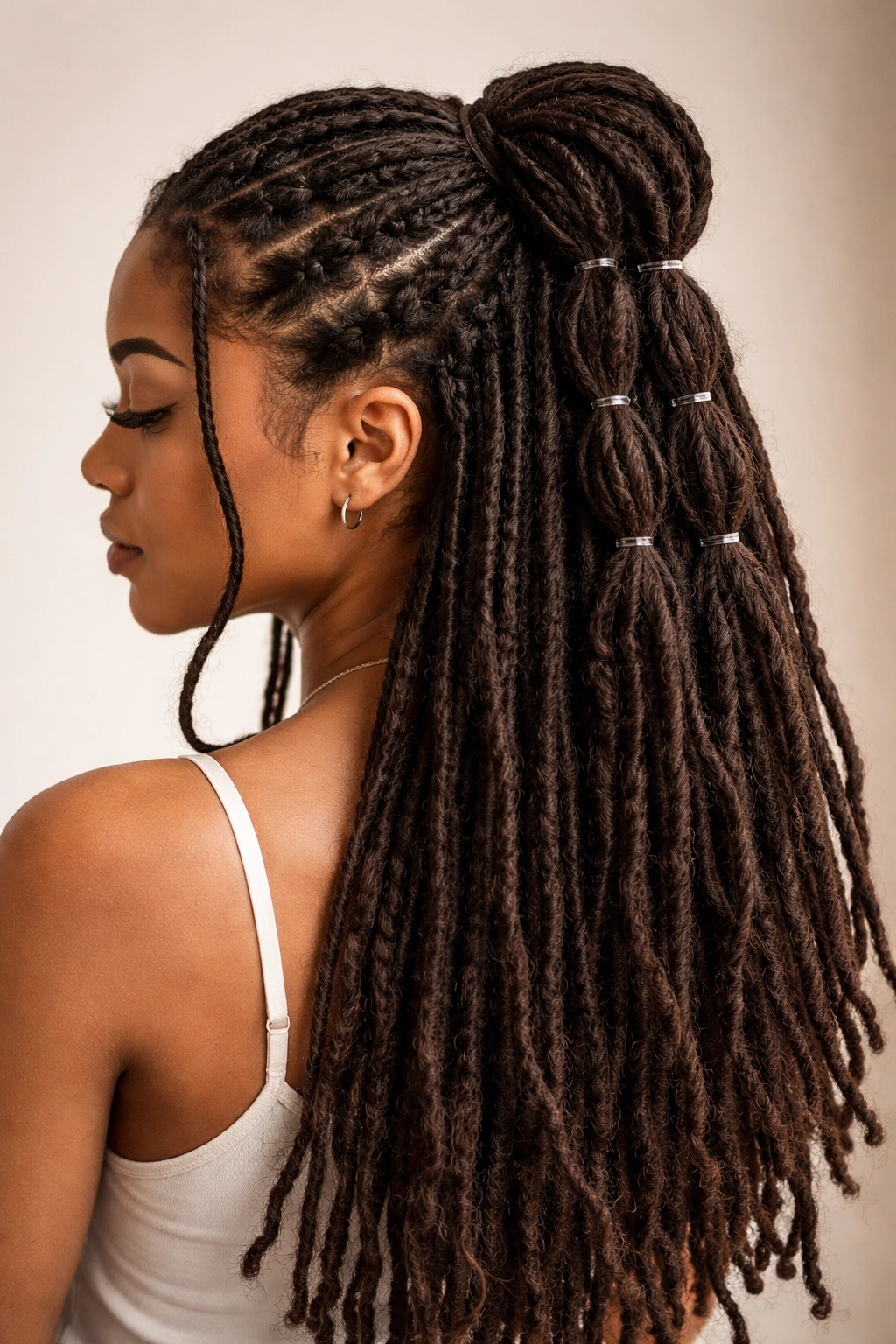 Close-up of bubble half-up locs with elastic sections creating volume at crown