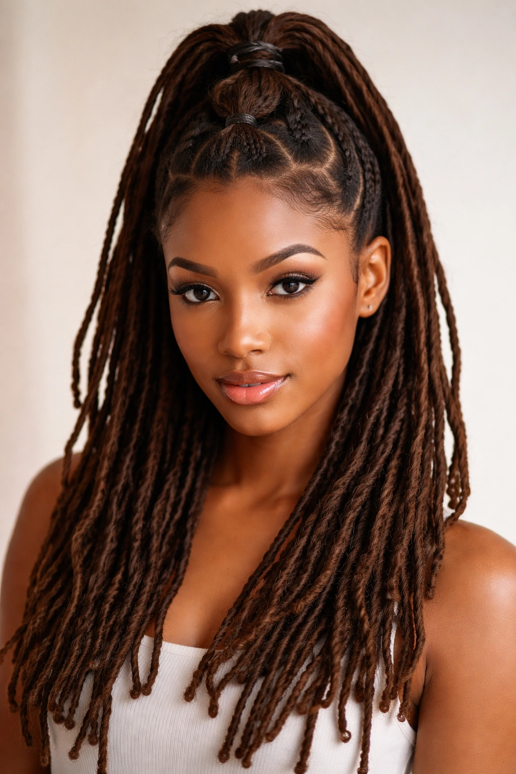 Mid-shot of bubble half-up locs with multiple elastic sections