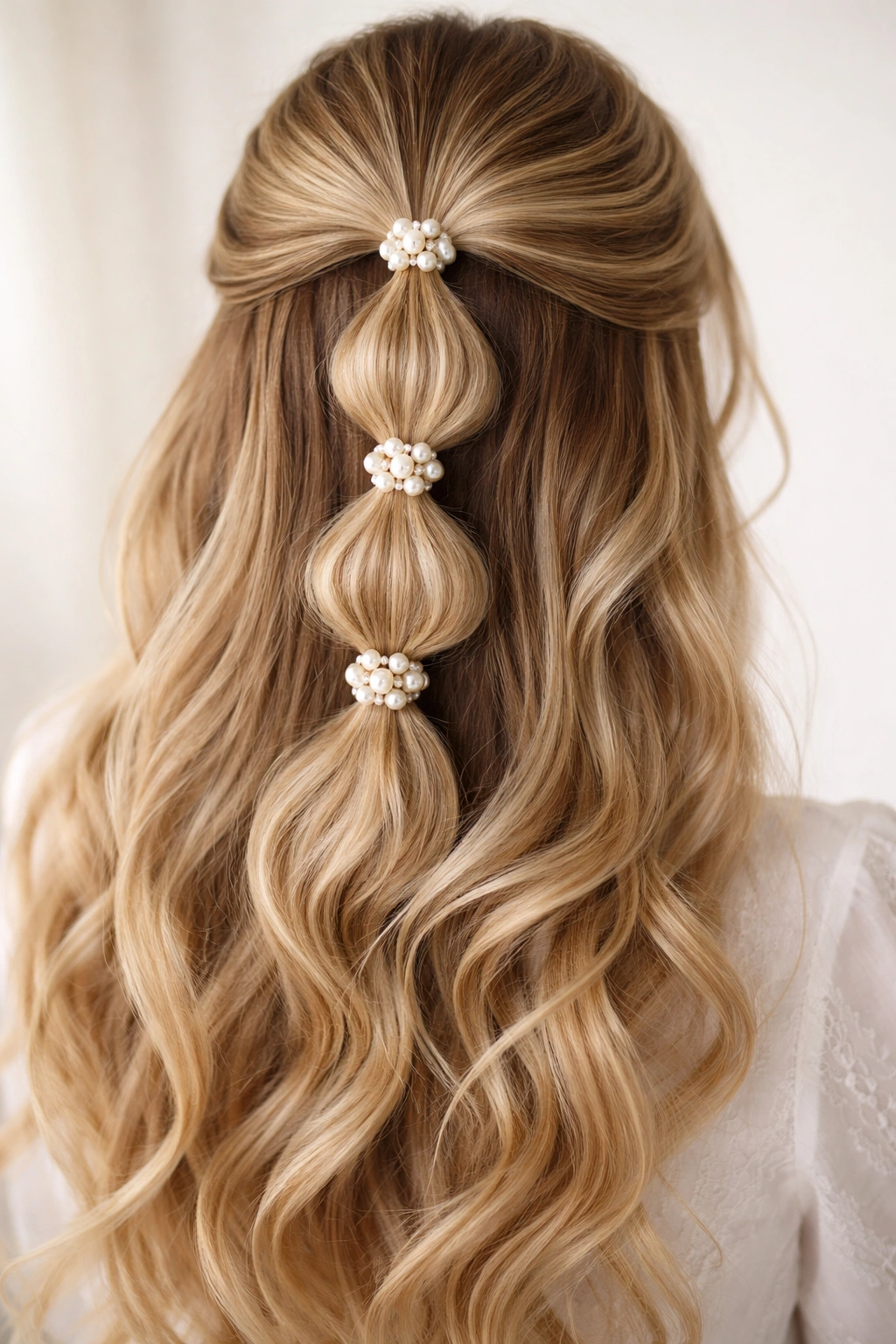Bubble half-up hairstyle with pearls between bubble sections.