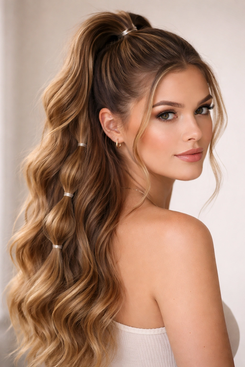 Bubble ponytail half-up hairstyle with multiple elastic bubbles and flowing waves