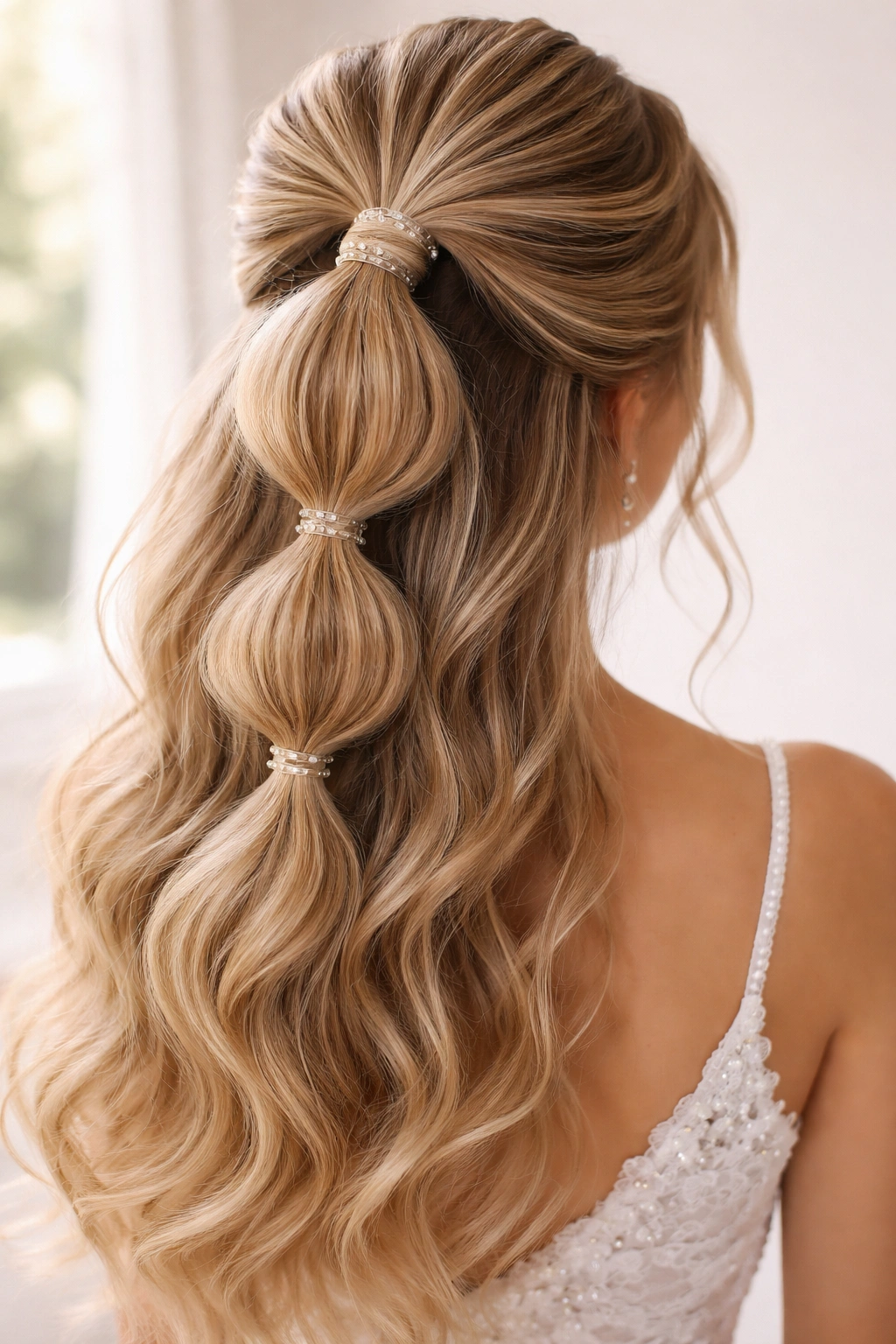 Bubble half-up ponytail with multiple elastic bubbles