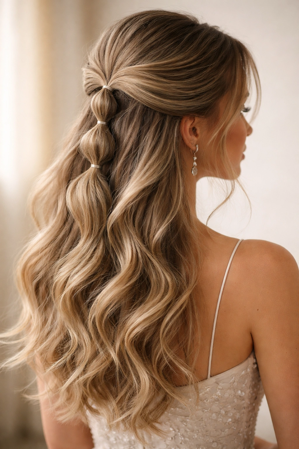 Close-up of a soft bubble half-up hairstyle with elastic bubbles and loose waves