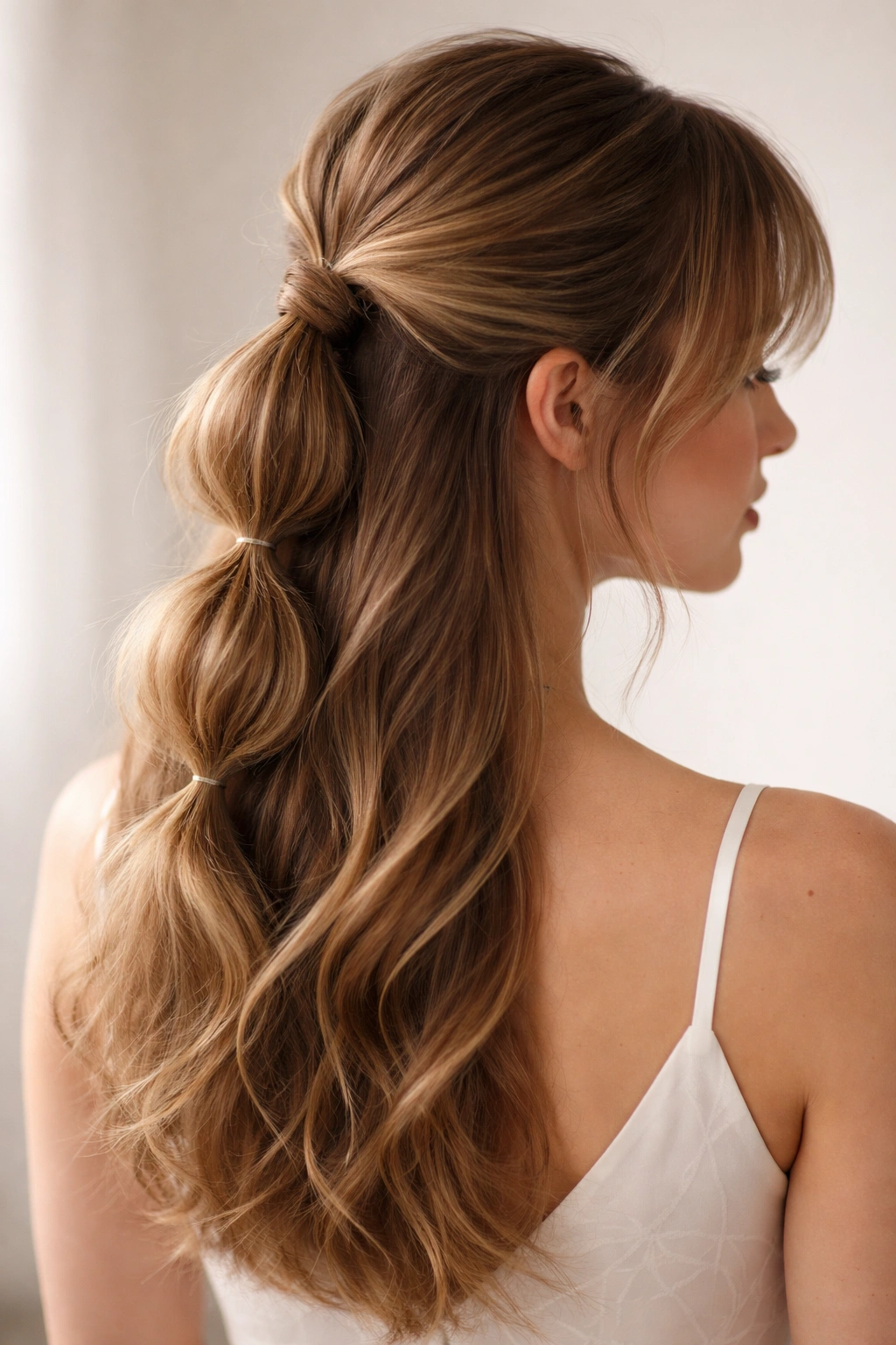 Bubble half-up hairstyle with wispy bangs from back view