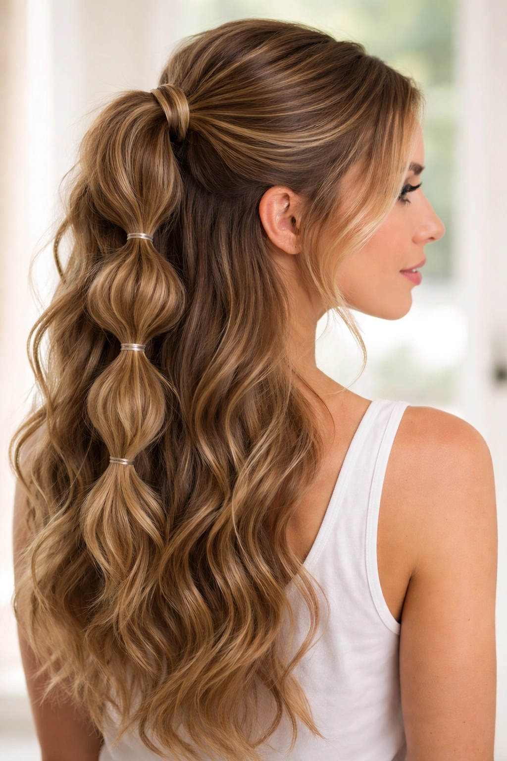 Mid-length view of bubble half-up ponytail on wavy hair with multiple elastic bubbles