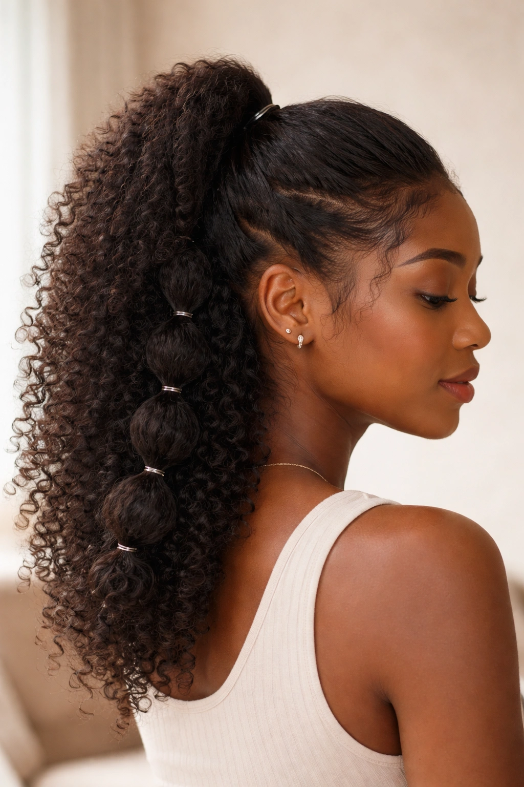 Half-up ponytail with elastic bubbles along its length