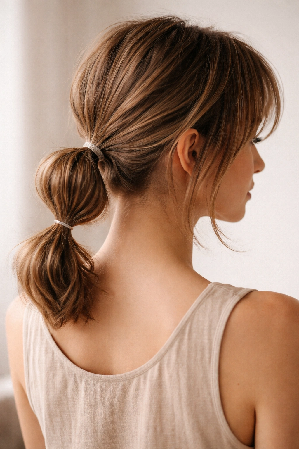 Back view of short hair with multiple bubble pony segments and bangs