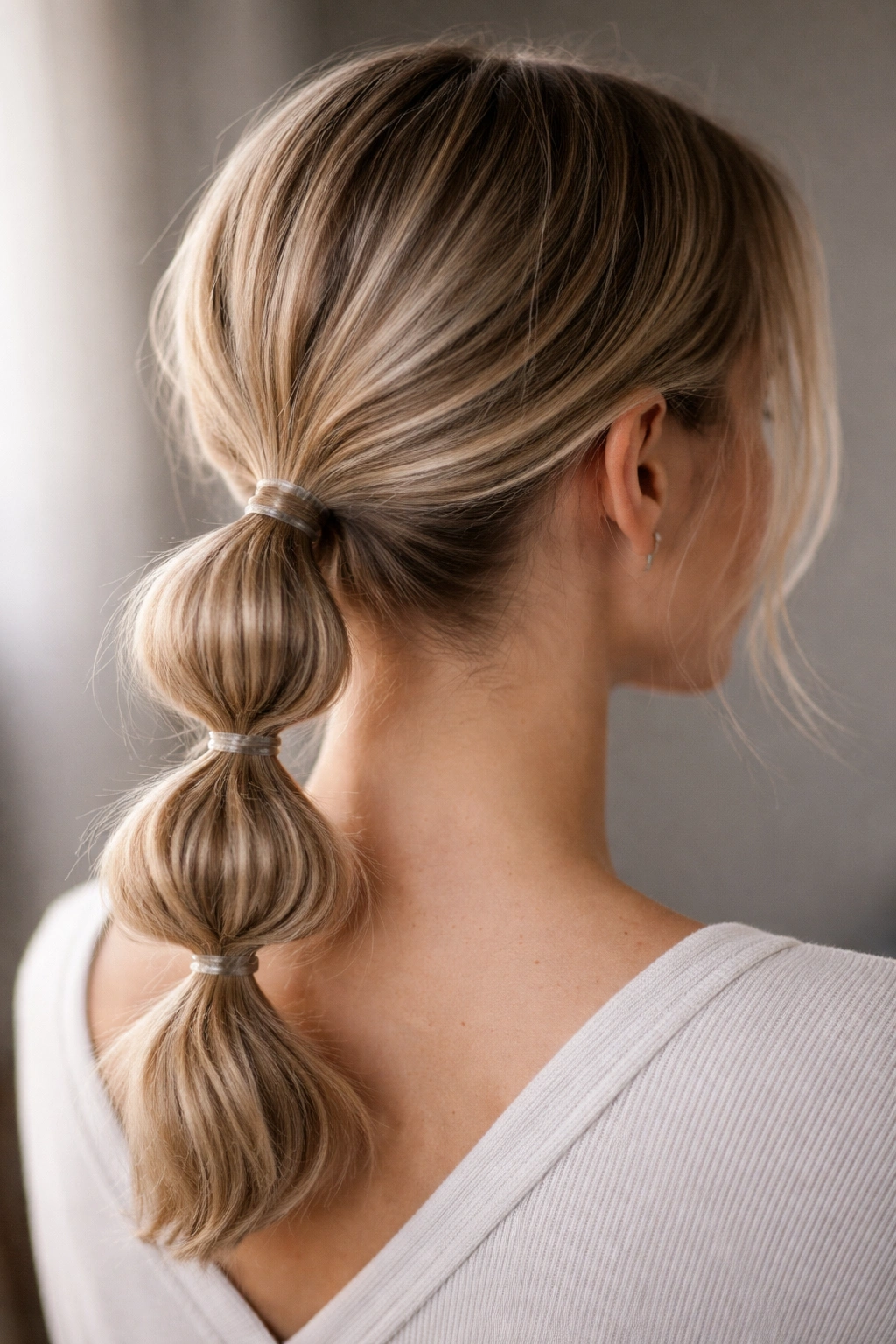 Low bubble ponytail with stacked bubble sections
