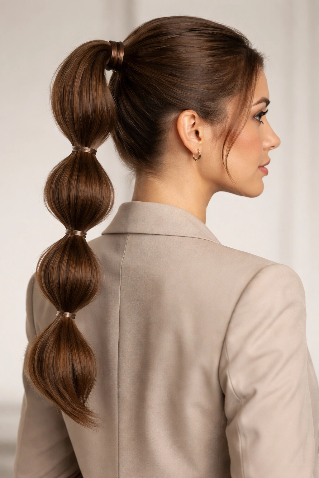 Ponytail with multiple elastic bubbles in a professional portrait.