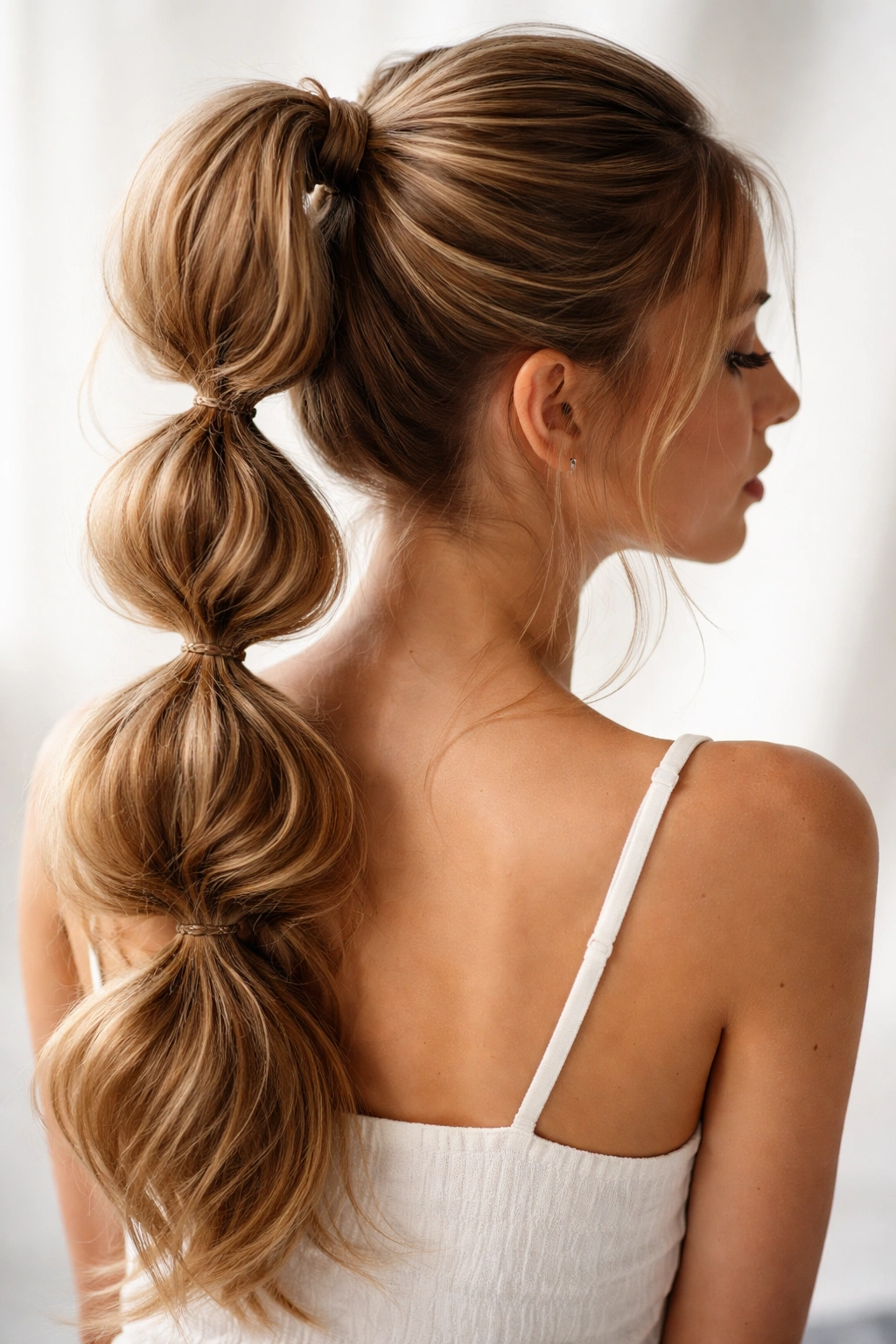 High ponytail with multiple bubble sections along its length