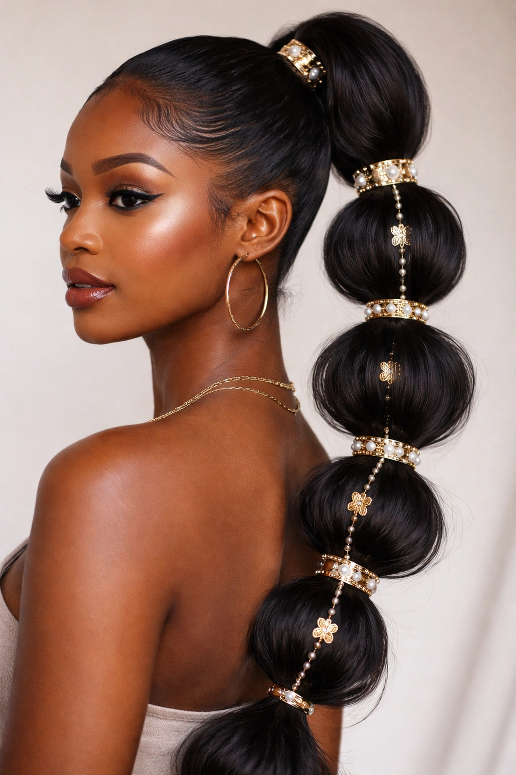 Bubble ponytail adorned with small accessories at bubble bases
