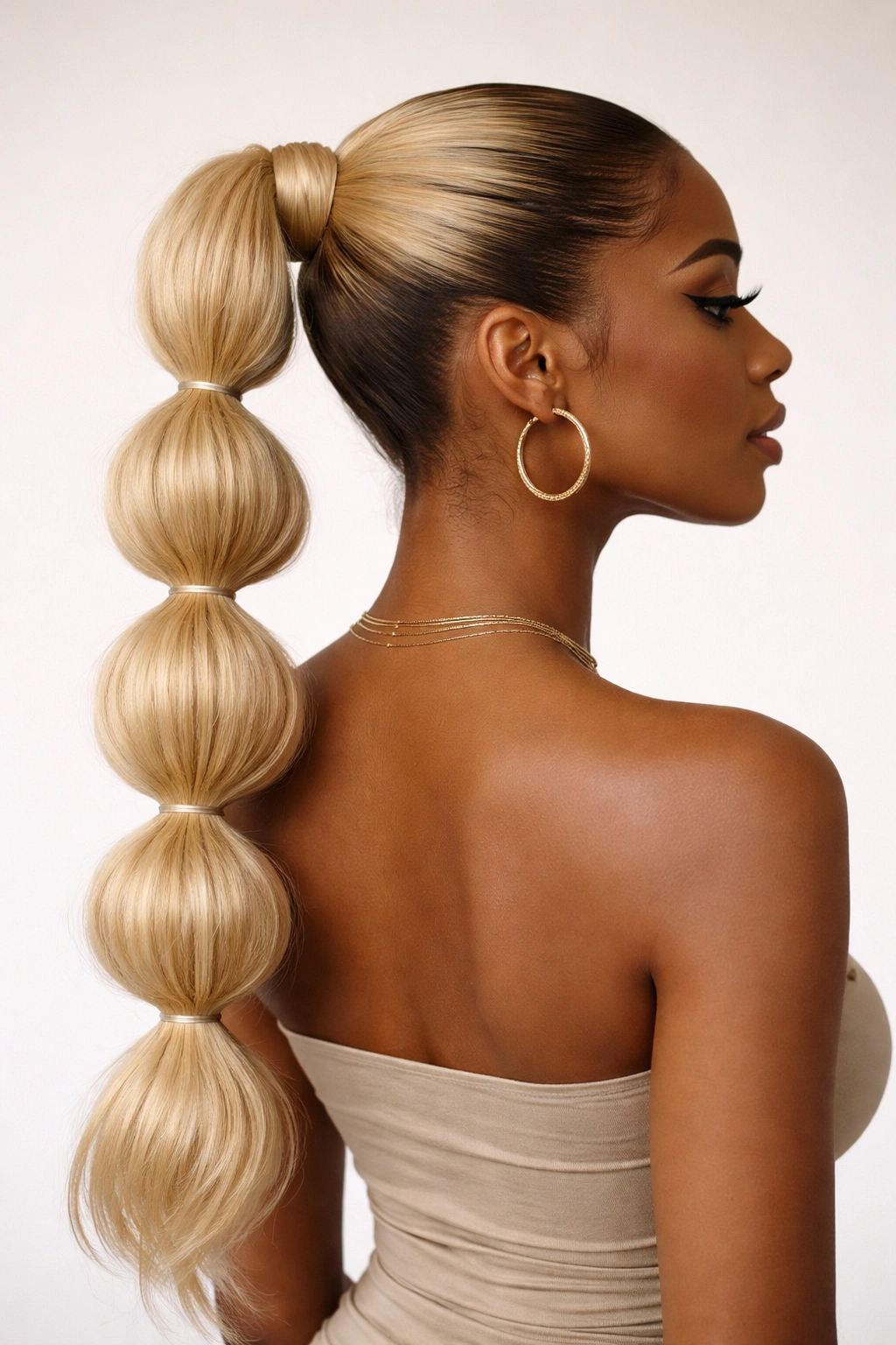 Bubble ponytail with multiple elastic bubbles along a blonde ponytail