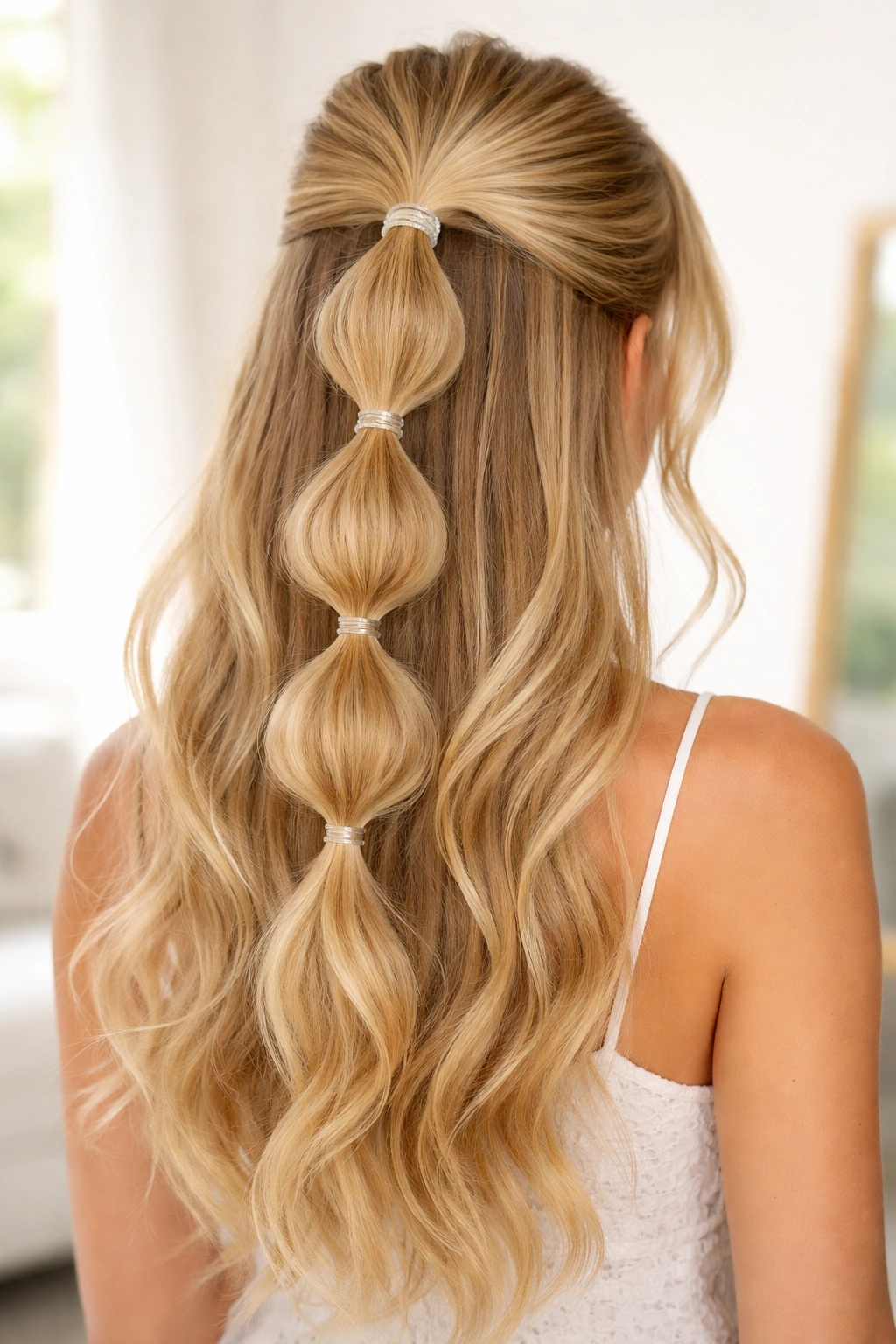 Back view of blonde hair in a bubble ponytail with visible elastics