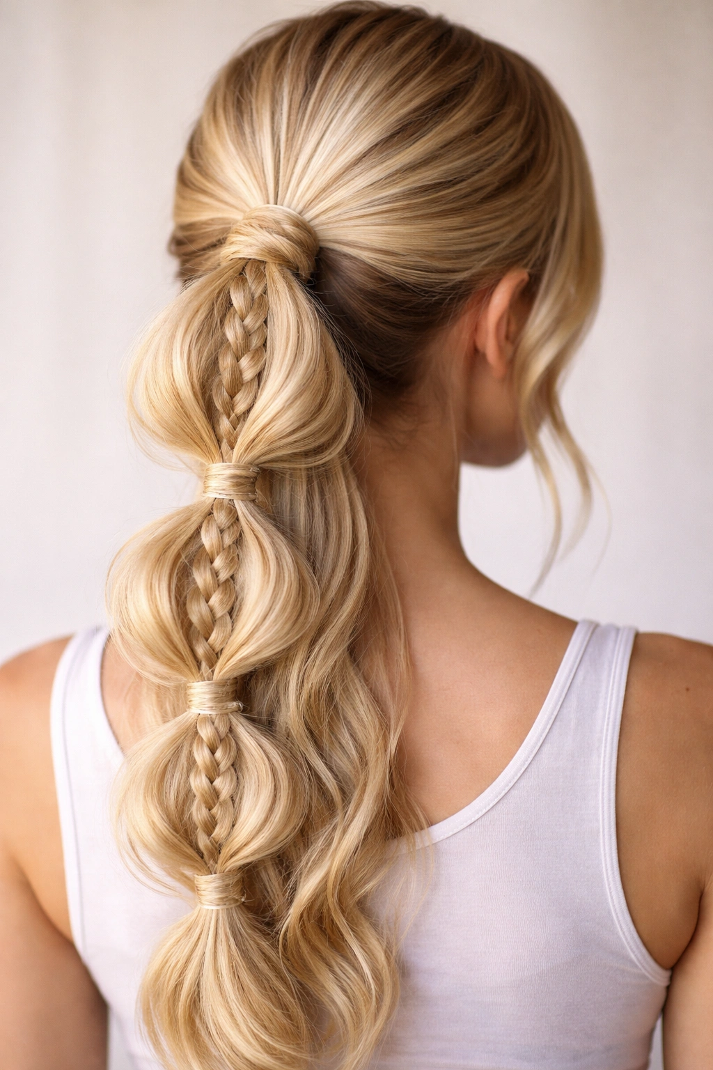 Bubble ponytail with braided texture on blonde hair